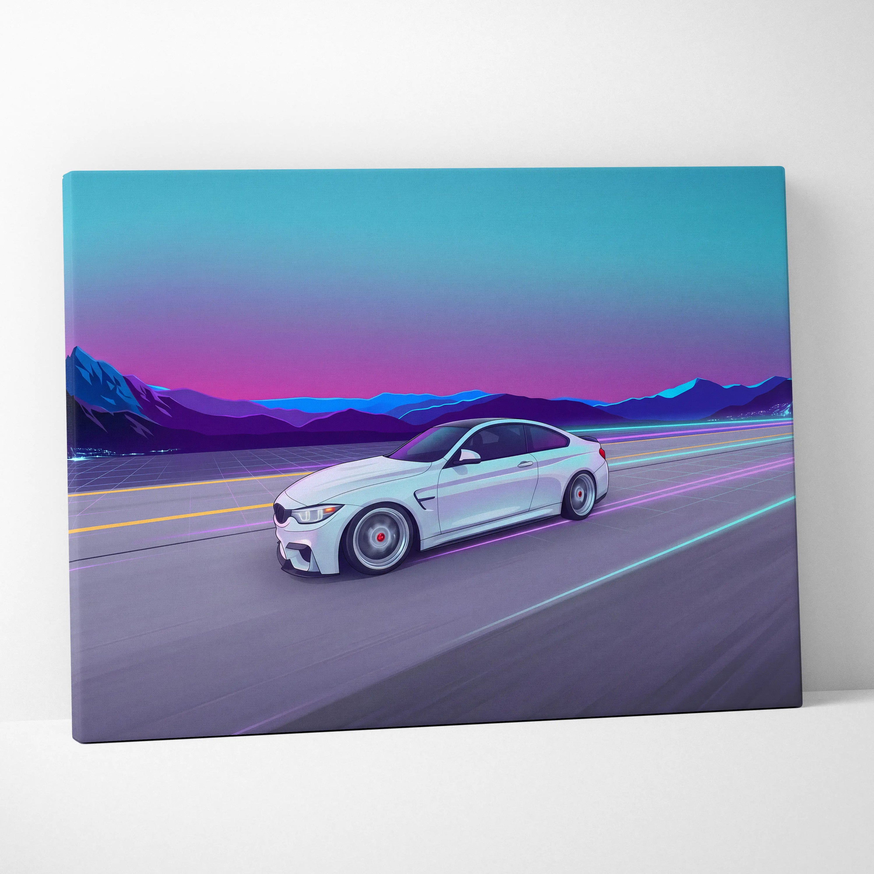 BMW M4 Inspired Vaporwave Car Canvas - Vaporwave Car Neon Pink Blue Living Retro Futurism Nostalgic Mood Neon Decor Wall Art Canvas