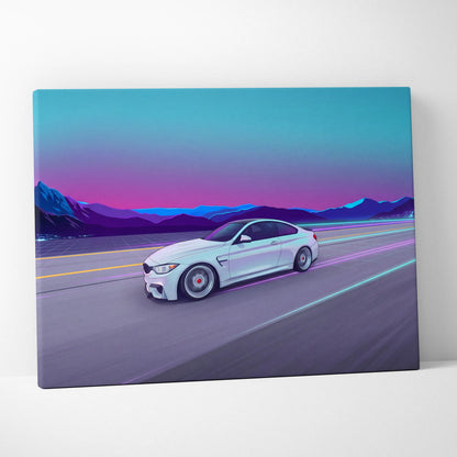 BMW M4 Inspired Vaporwave Car Canvas - Vaporwave Car Neon Pink Blue Living Retro Futurism Nostalgic Mood Neon Decor Wall Art Canvas