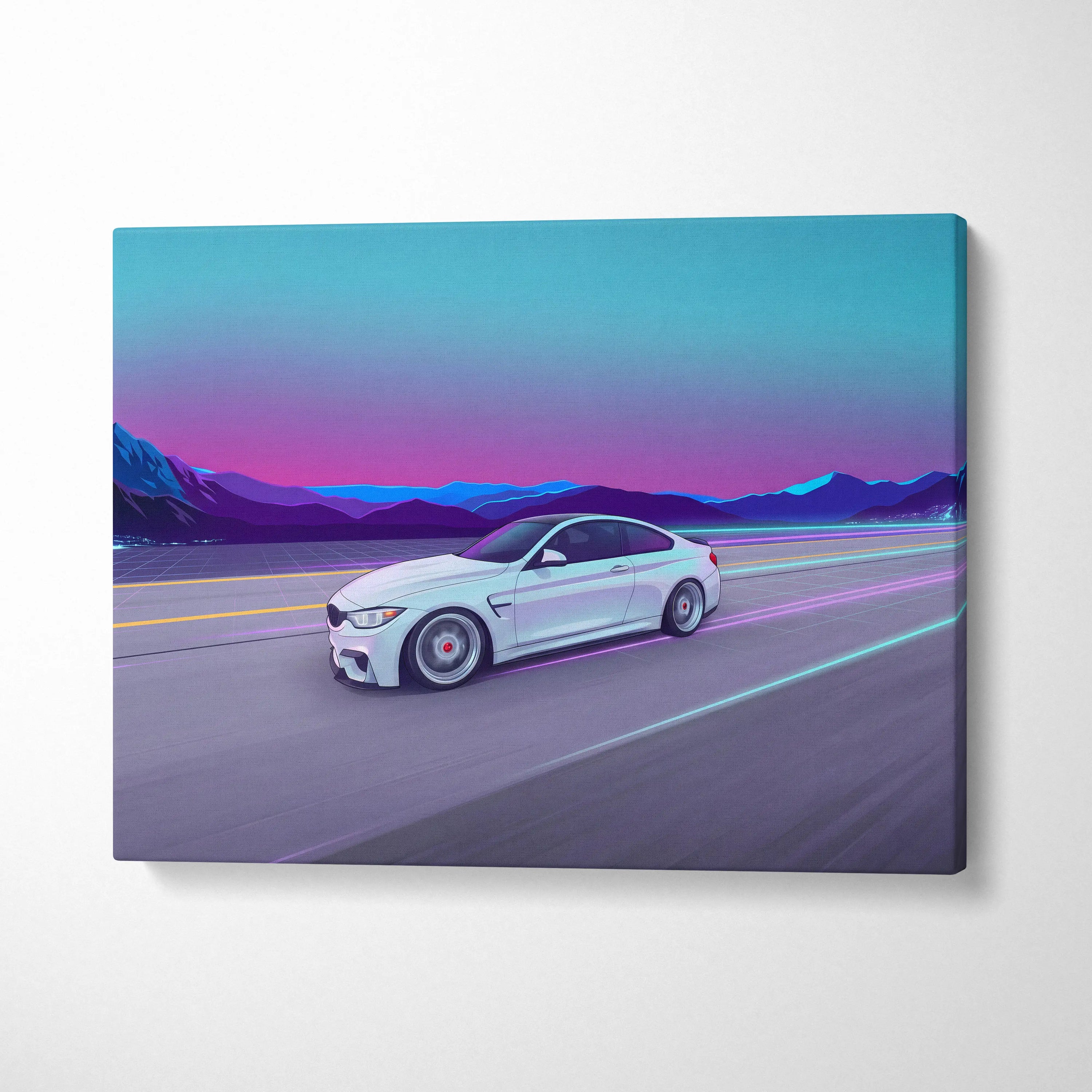 BMW M4 Inspired Vaporwave Car Canvas - Vaporwave Car Neon Pink Blue Living Retro Futurism Nostalgic Mood Neon Decor Wall Art Canvas