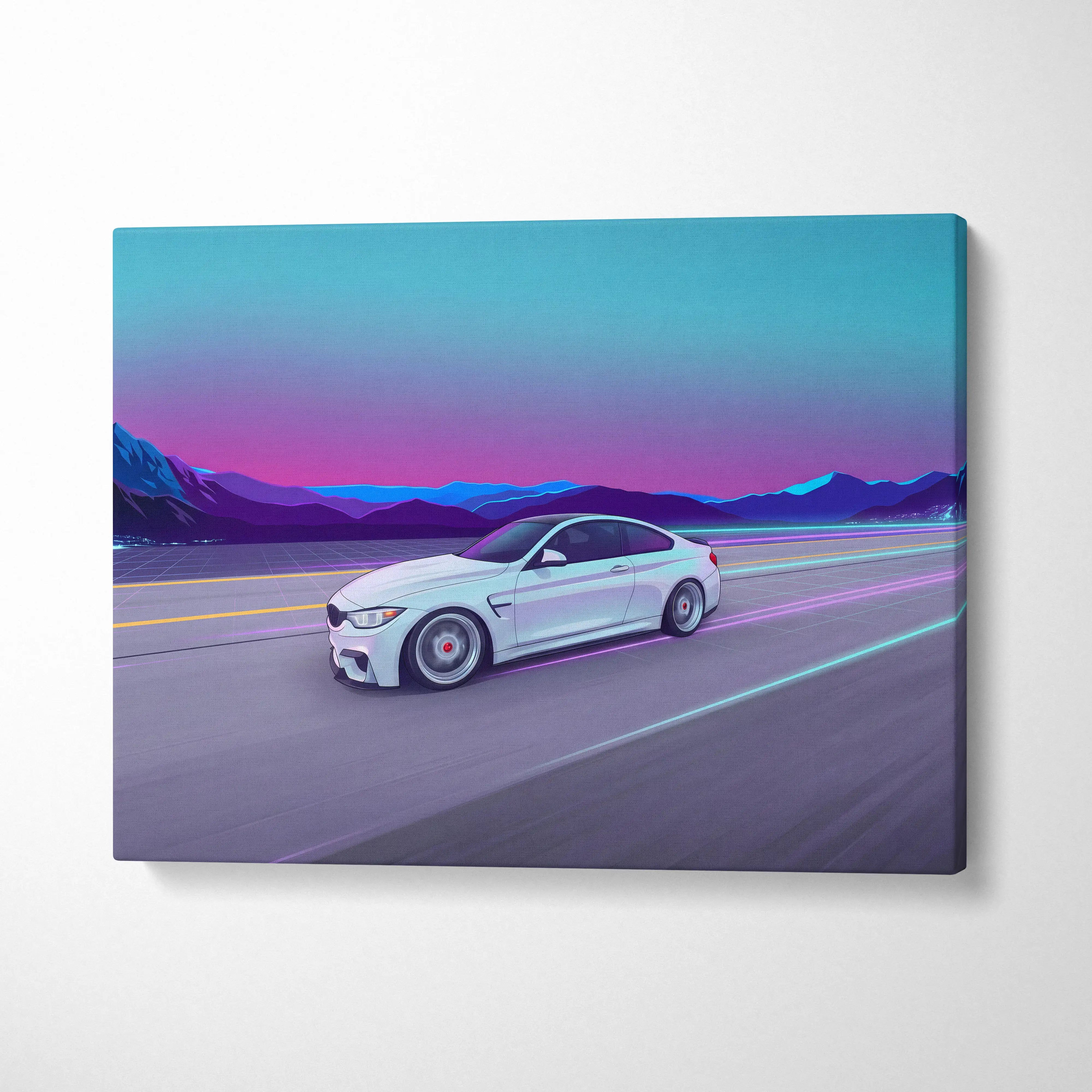 BMW M4 Inspired Vaporwave Car Canvas - Vaporwave Car Neon Pink Blue Living Retro Futurism Nostalgic Mood Neon Decor Wall Art Canvas