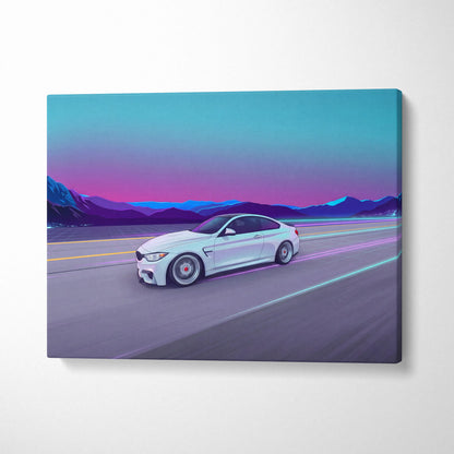 BMW M4 Inspired Vaporwave Car Canvas - Vaporwave Car Neon Pink Blue Living Retro Futurism Nostalgic Mood Neon Decor Wall Art Canvas
