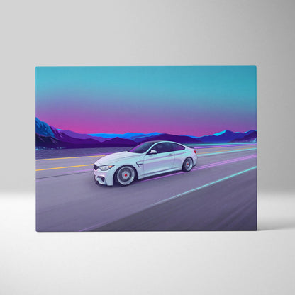BMW M4 Inspired Vaporwave Car Canvas - Vaporwave Car Neon Pink Blue Living Retro Futurism Nostalgic Mood Neon Decor Wall Art Canvas