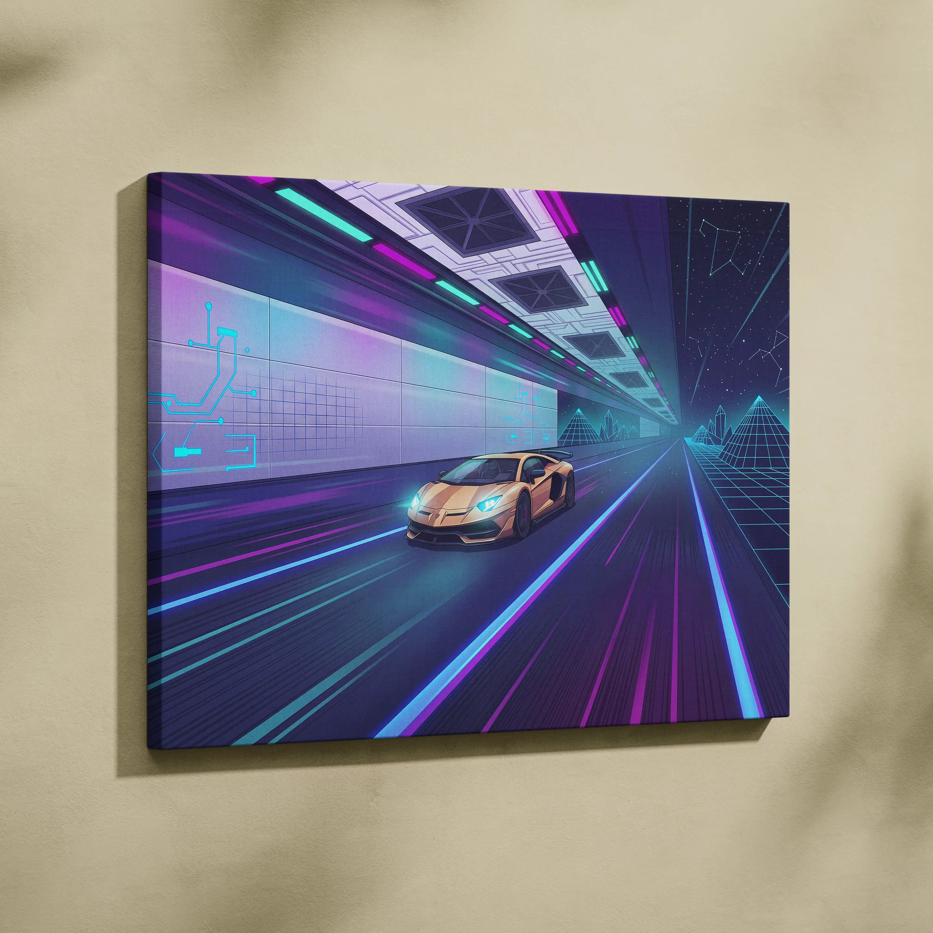 Lamborghini Aventador SVJ Inspired Vaporwave Car Canvas - Car Neon Pink Turquoise Living Room Vaporwave Nostalgic Energy Retrofuturist Wall Art Canvas