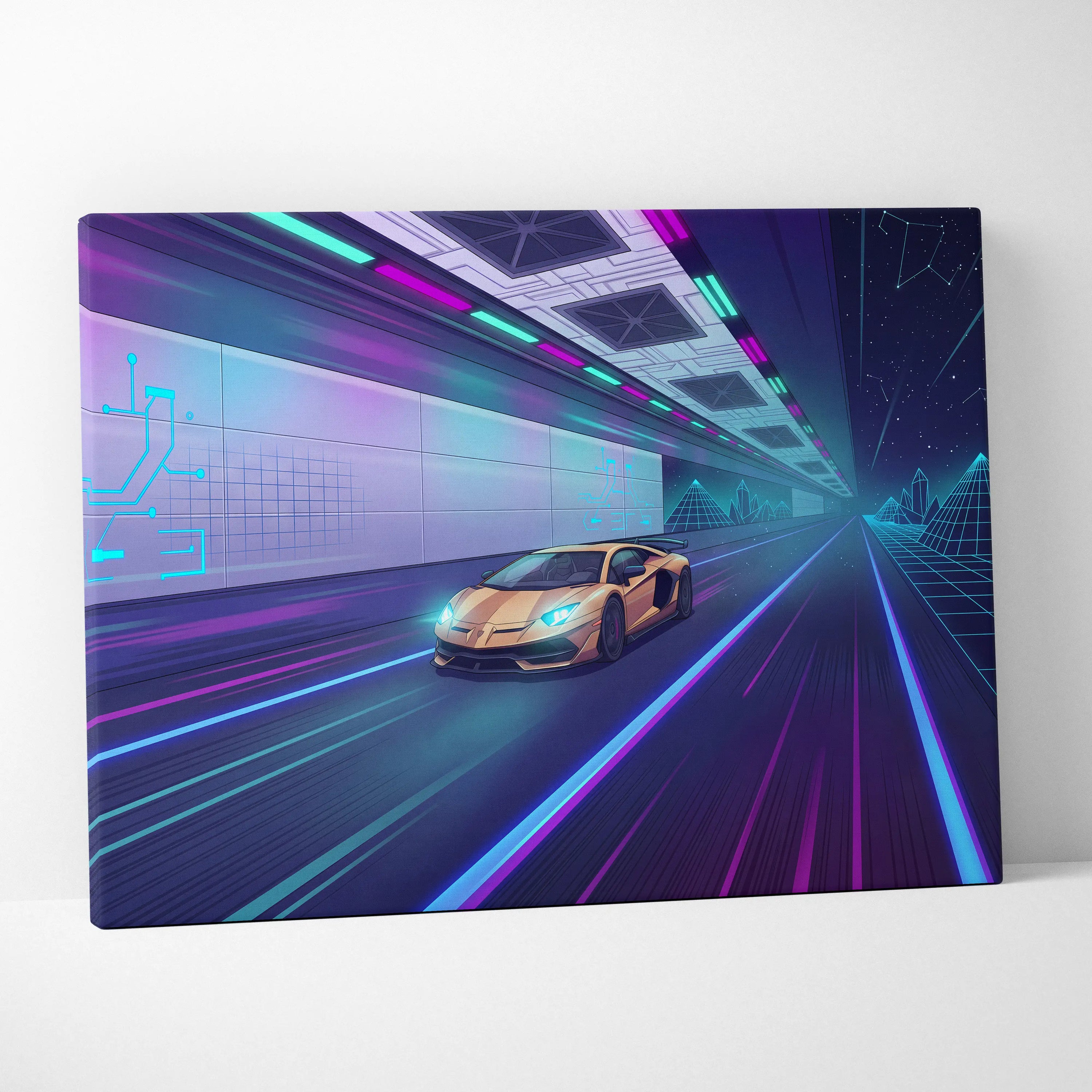 Lamborghini Aventador SVJ Inspired Vaporwave Car Canvas - Car Neon Pink Turquoise Living Room Vaporwave Nostalgic Energy Retrofuturist Wall Art Canvas