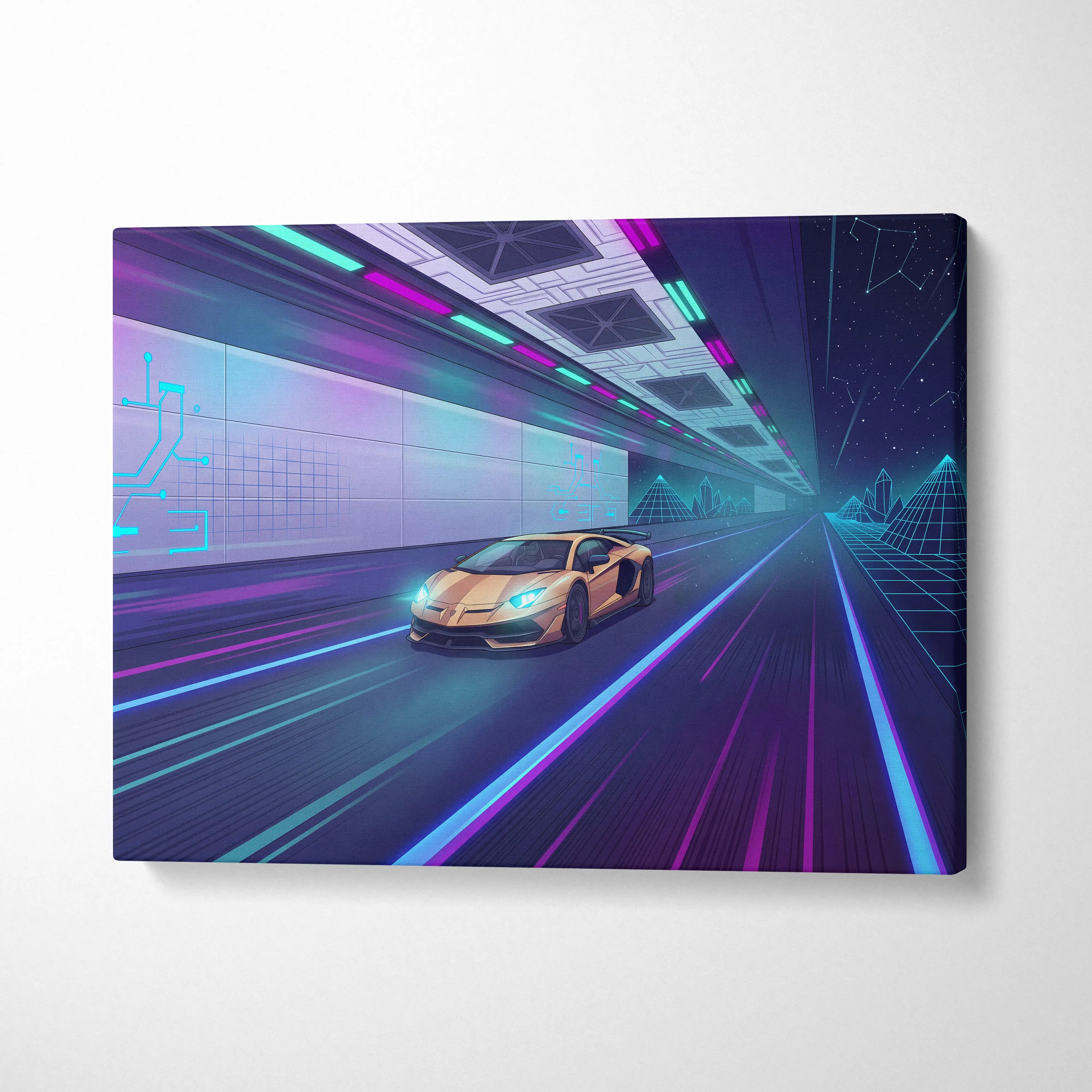 Neon-lit digital canvas print of a golden lamborghini aventador svj speeding through a futuristic purple and blue tunnel