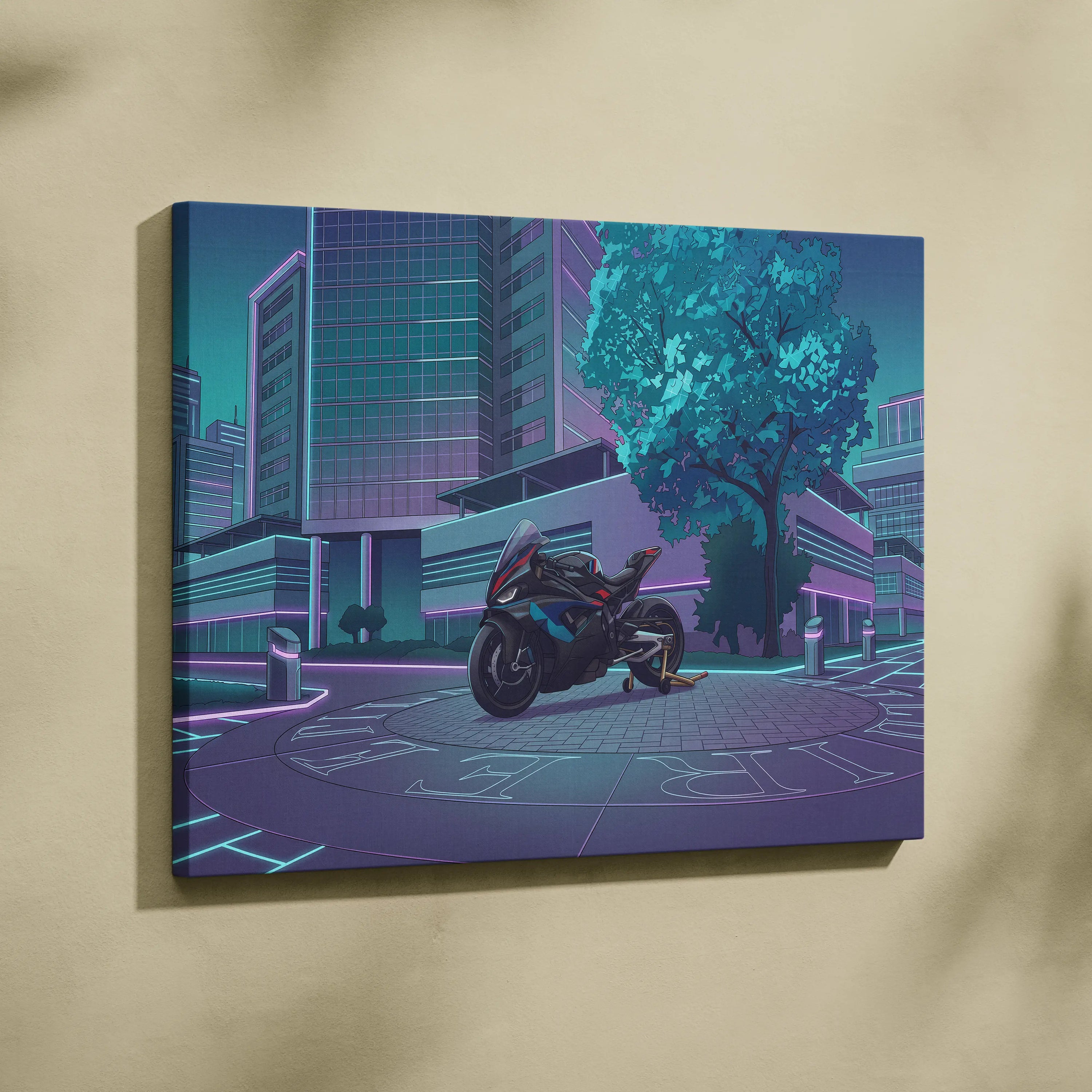 BMW M1000RR Inspired Black Blue Motorcycle Canvas Wall Art Vaporwave Neon Urban Sportbike Garage Decor Futuristic Racing Artwork