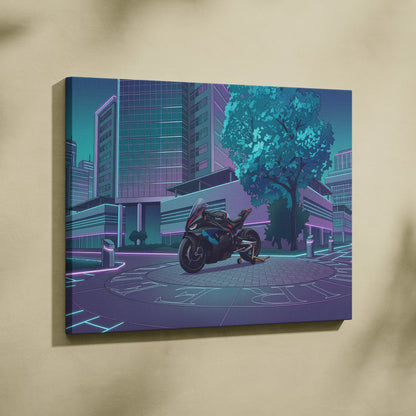 BMW M1000RR Inspired Black Blue Motorcycle Canvas Wall Art Vaporwave Neon Urban Sportbike Garage Decor Futuristic Racing Artwork