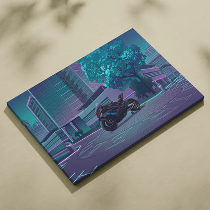 BMW M1000RR Inspired Black Blue Motorcycle Canvas Wall Art Vaporwave Neon Urban Sportbike Garage Decor Futuristic Racing Artwork