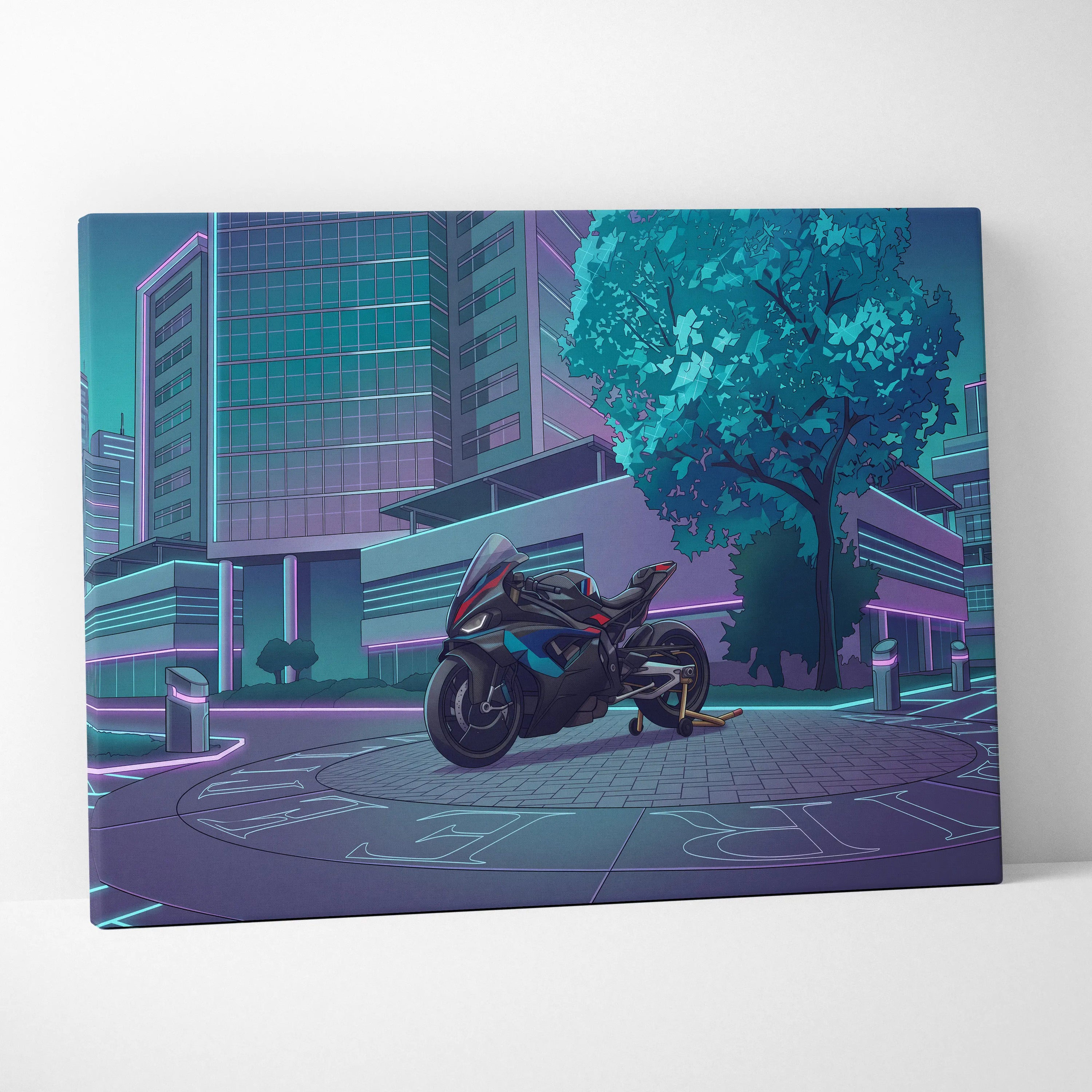 BMW M1000RR Inspired Black Blue Motorcycle Canvas Wall Art Vaporwave Neon Urban Sportbike Garage Decor Futuristic Racing Artwork