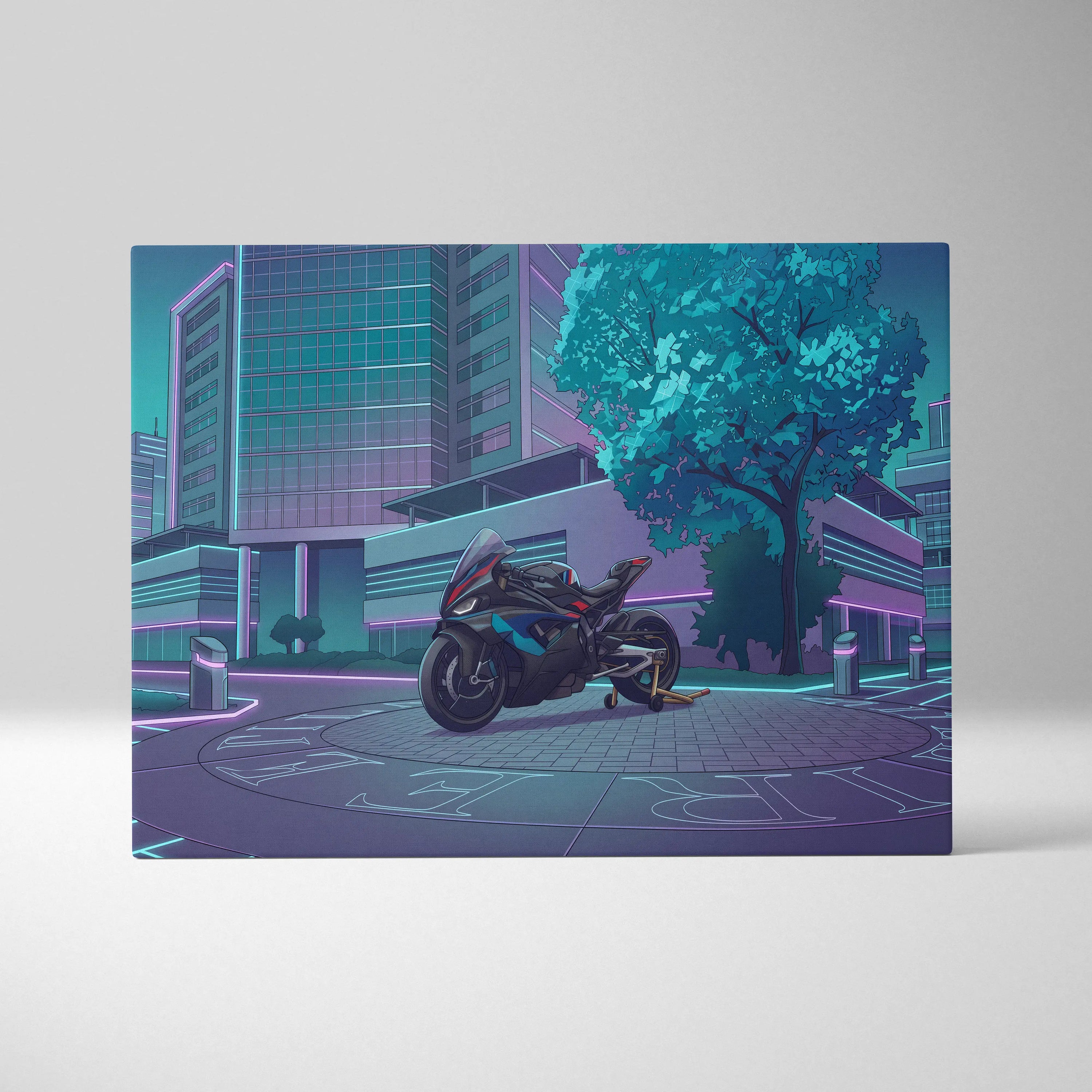 BMW M1000RR Inspired Black Blue Motorcycle Canvas Wall Art Vaporwave Neon Urban Sportbike Garage Decor Futuristic Racing Artwork