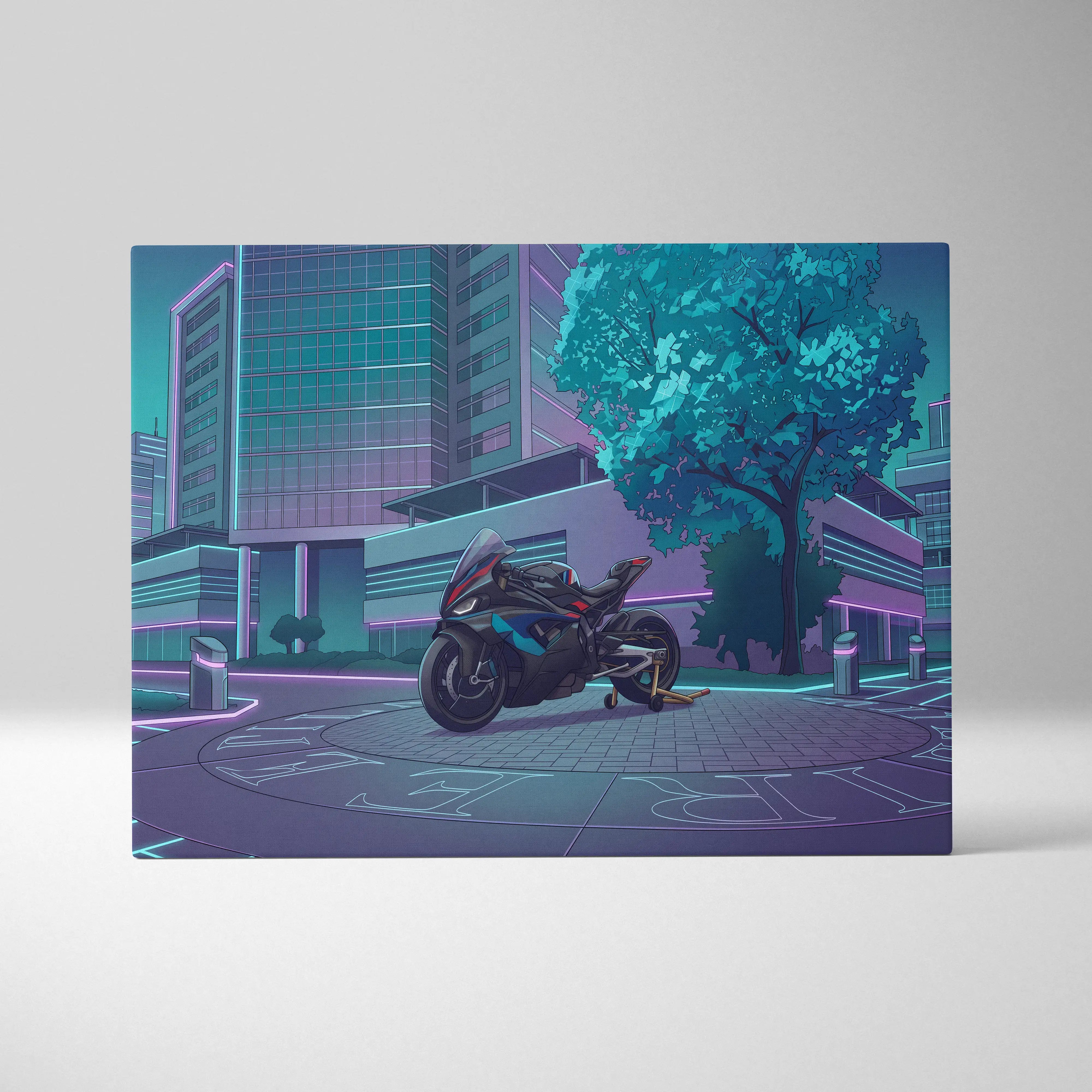 BMW M1000RR Inspired Black Blue Motorcycle Canvas Wall Art Vaporwave Neon Urban Sportbike Garage Decor Futuristic Racing Artwork
