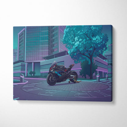 BMW M1000RR Inspired Black Blue Motorcycle Canvas Wall Art Vaporwave Neon Urban Sportbike Garage Decor Futuristic Racing Artwork