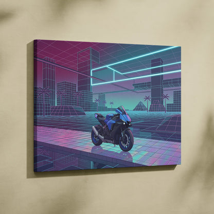 Yamaha YZF-R1 Inspired Blue Purple Motorcycle Canvas Wall Art Vaporwave Neon Sportbike Garage Decor Retro Futuristic Racing Artwork