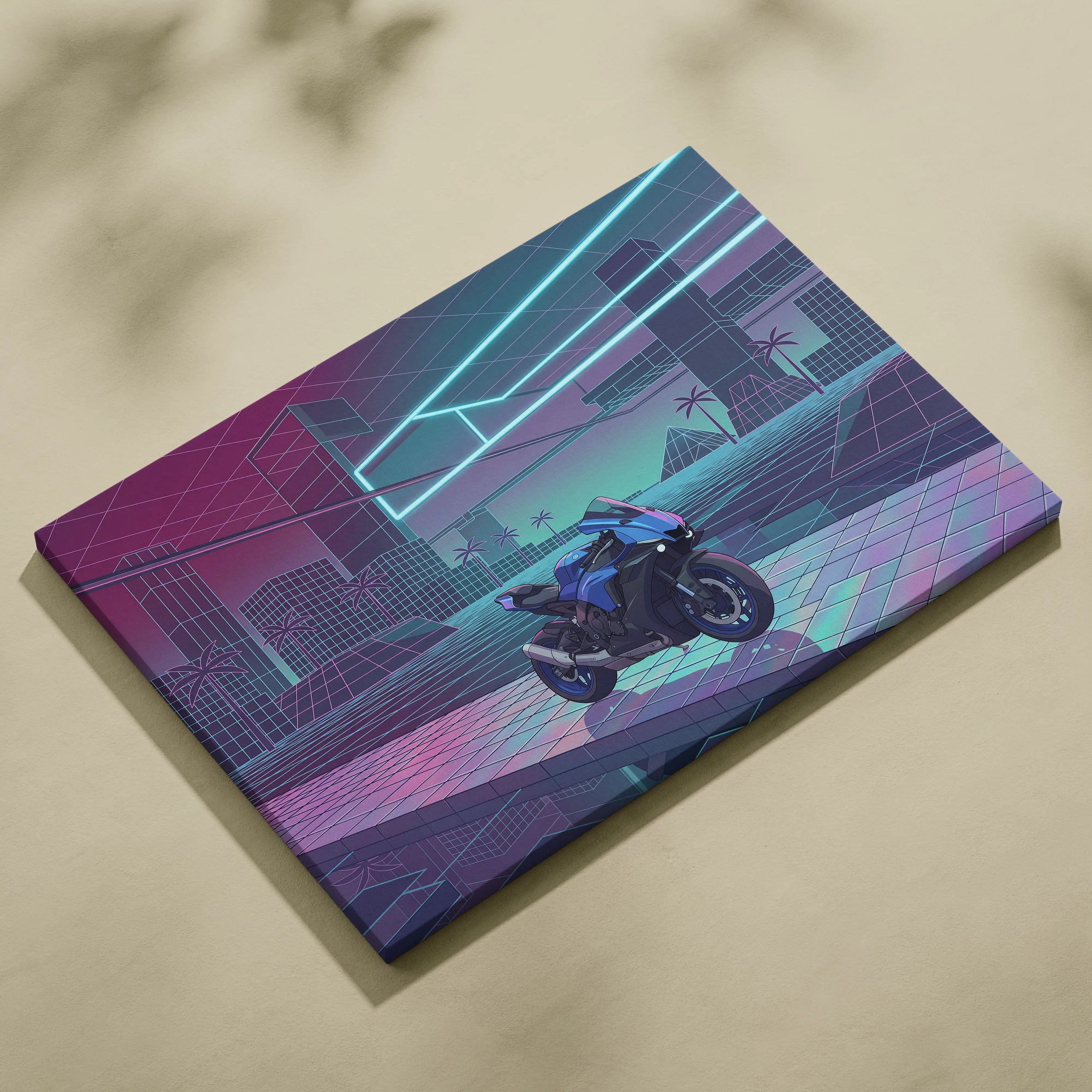 Yamaha YZF-R1 Inspired Blue Purple Motorcycle Canvas Wall Art Vaporwave Neon Sportbike Garage Decor Retro Futuristic Racing Artwork