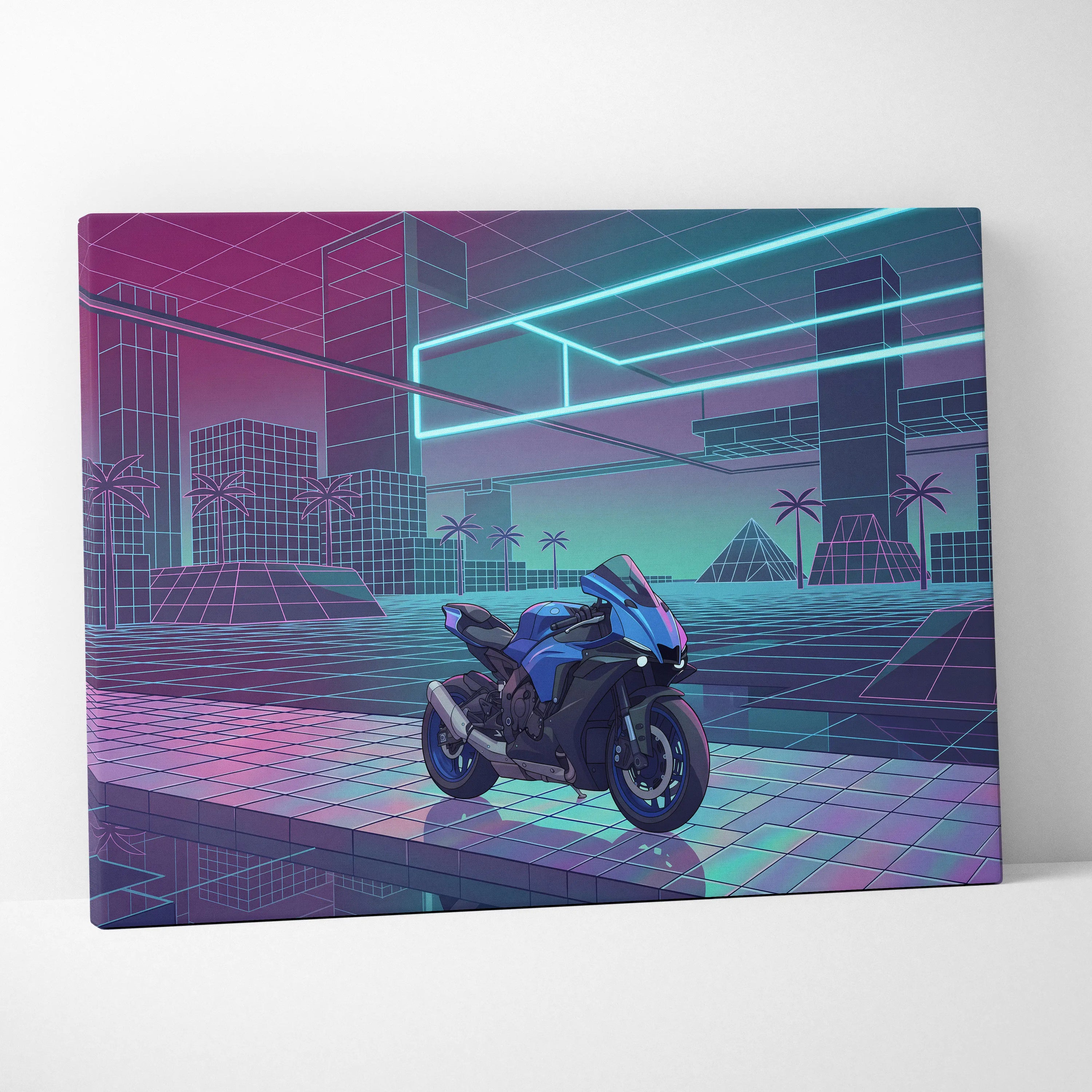 Yamaha YZF-R1 Inspired Blue Purple Motorcycle Canvas Wall Art Vaporwave Neon Sportbike Garage Decor Retro Futuristic Racing Artwork
