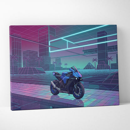 Yamaha YZF-R1 Inspired Blue Purple Motorcycle Canvas Wall Art Vaporwave Neon Sportbike Garage Decor Retro Futuristic Racing Artwork