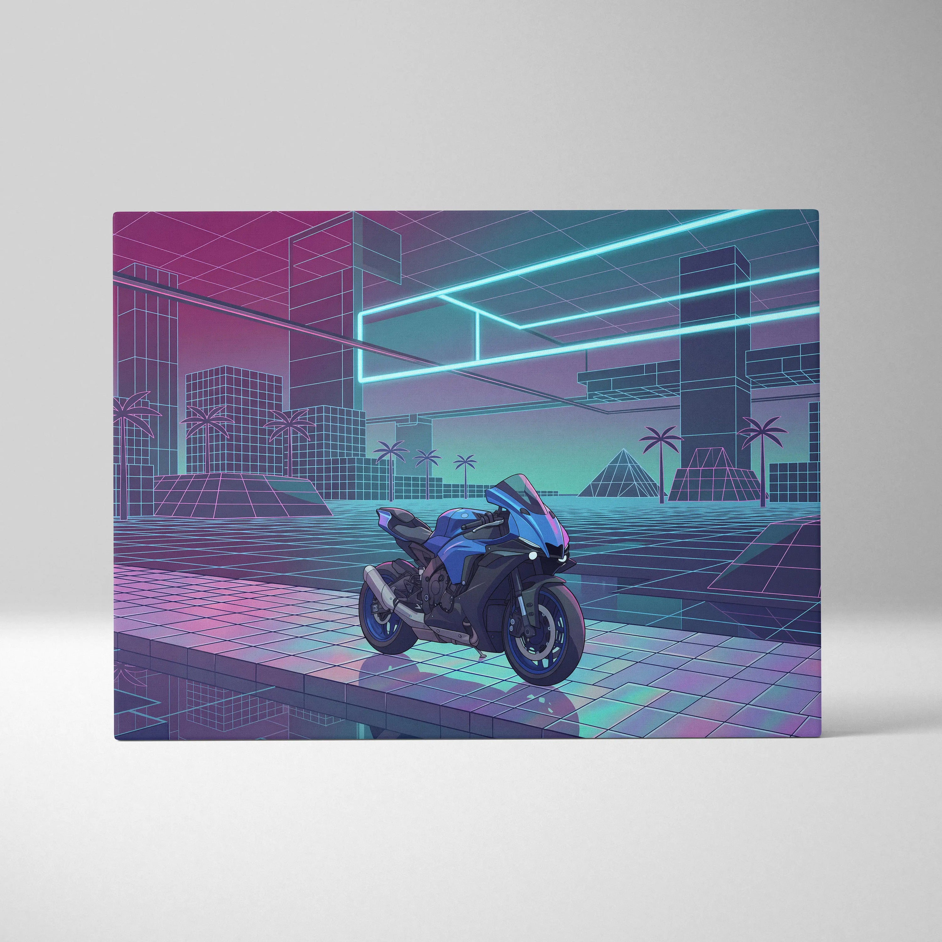 Yamaha YZF-R1 Inspired Blue Purple Motorcycle Canvas Wall Art Vaporwave Neon Sportbike Garage Decor Retro Futuristic Racing Artwork