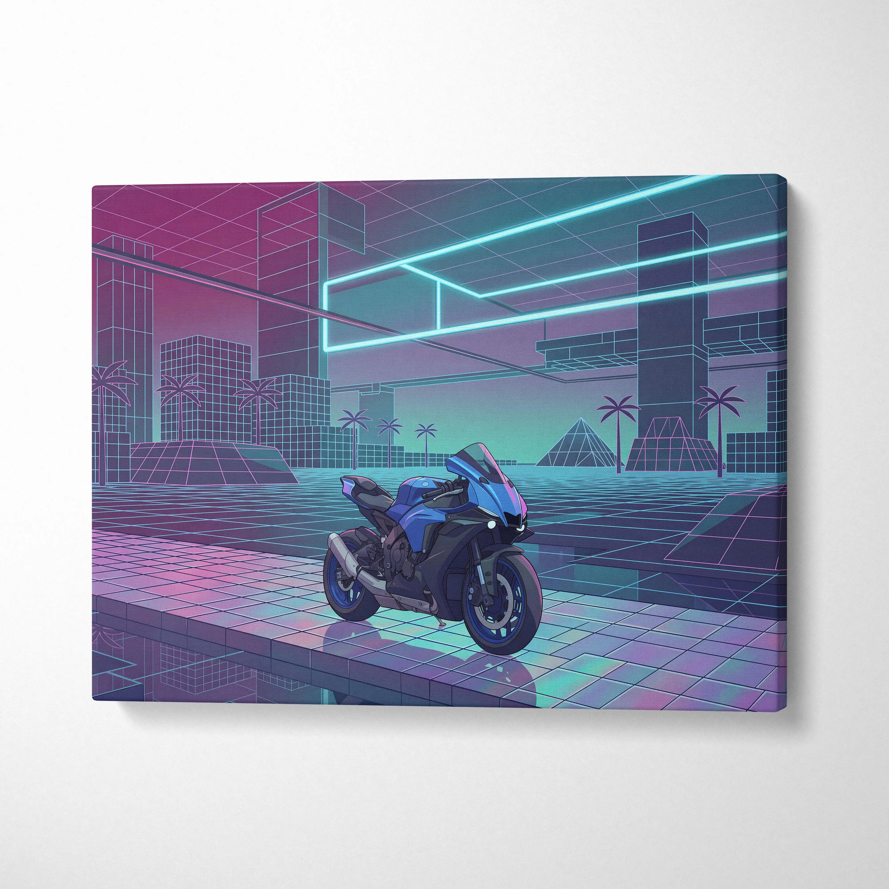 Yamaha YZF-R1 Inspired Blue Purple Motorcycle Canvas Wall Art Vaporwave Neon Sportbike Garage Decor Retro Futuristic Racing Artwork