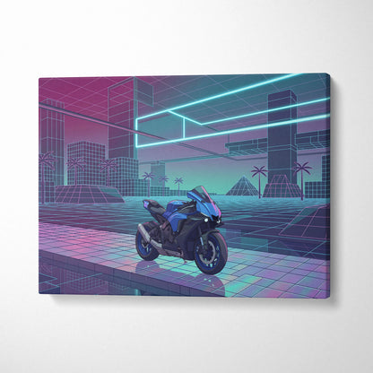 Yamaha YZF-R1 Inspired Blue Purple Motorcycle Canvas Wall Art Vaporwave Neon Sportbike Garage Decor Retro Futuristic Racing Artwork