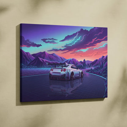 Nissan GT-R Inspired White Purple Mountain Canvas Wall Art Vaporwave JDM Car Artwork, Neon Crystal Road Garage Decor Retro Futuristic Print