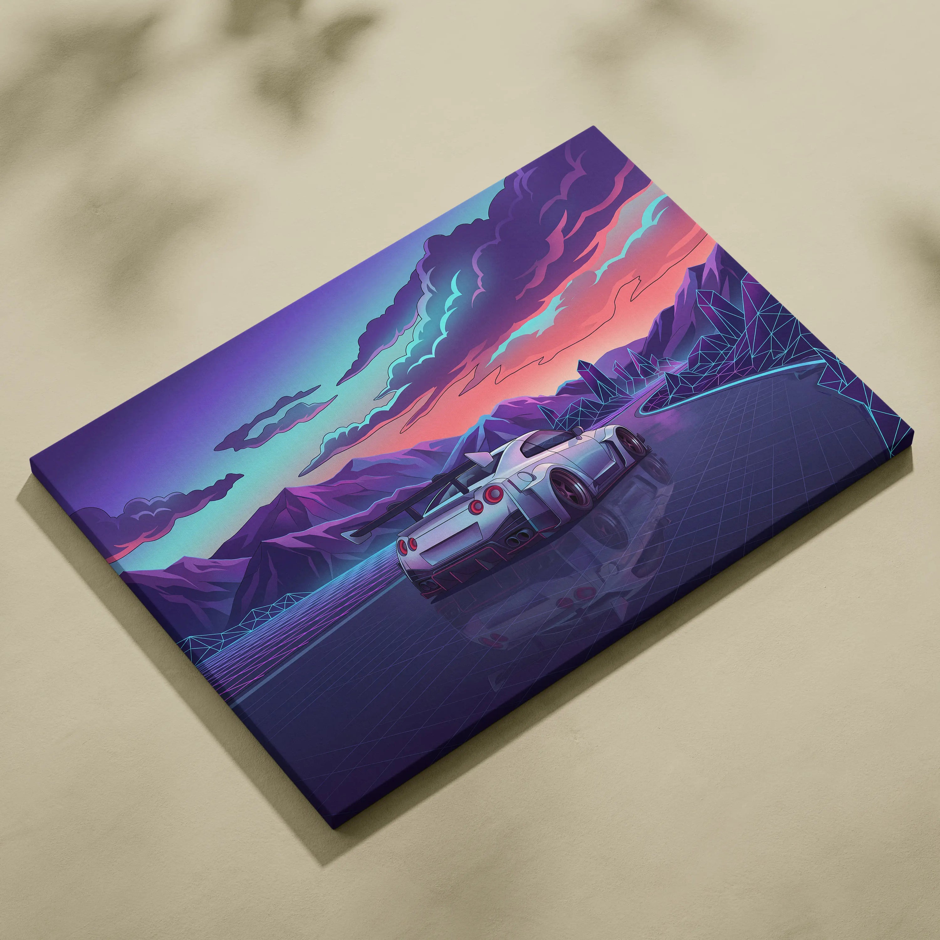 Nissan GT-R Inspired White Purple Mountain Canvas Wall Art Vaporwave JDM Car Artwork, Neon Crystal Road Garage Decor Retro Futuristic Print