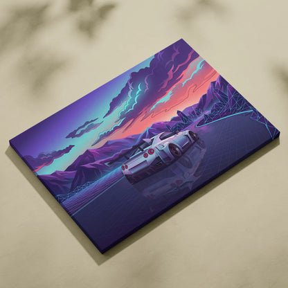 Nissan GT-R Inspired White Purple Mountain Canvas Wall Art Vaporwave JDM Car Artwork, Neon Crystal Road Garage Decor Retro Futuristic Print