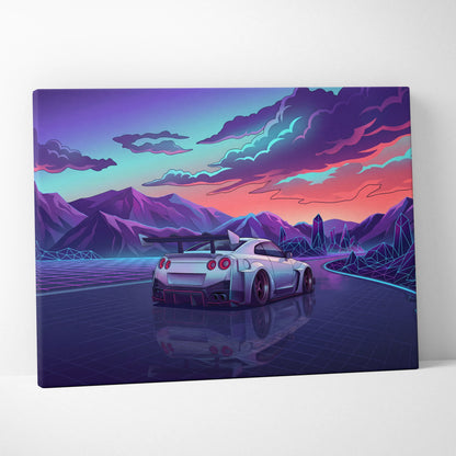 Nissan GT-R Inspired White Purple Mountain Canvas Wall Art Vaporwave JDM Car Artwork, Neon Crystal Road Garage Decor Retro Futuristic Print