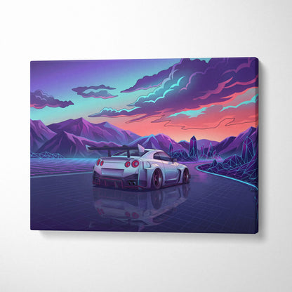Nissan GT-R Inspired White Purple Mountain Canvas Wall Art Vaporwave JDM Car Artwork, Neon Crystal Road Garage Decor Retro Futuristic Print