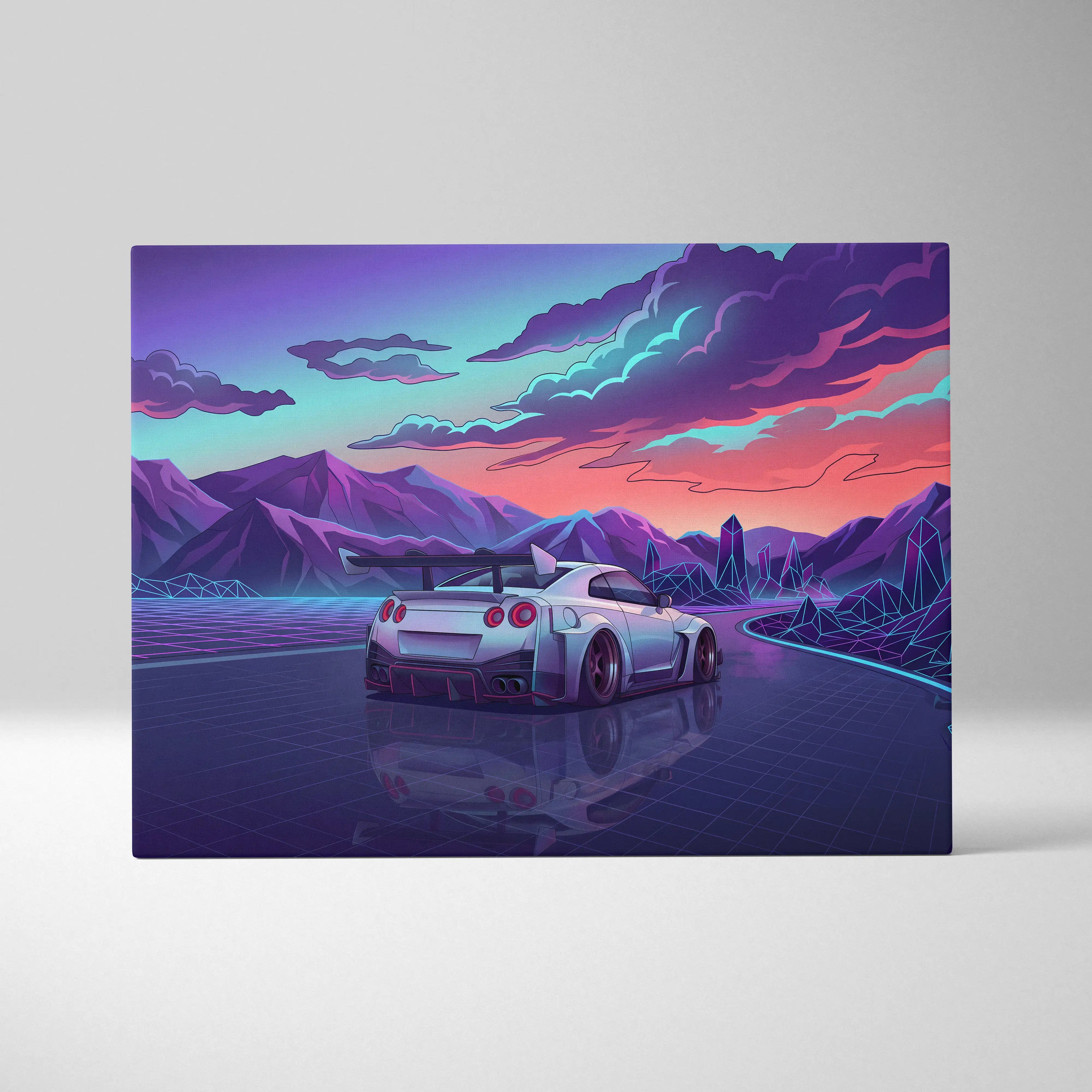 Nissan GT-R Inspired White Purple Mountain Canvas Wall Art Vaporwave JDM Car Artwork, Neon Crystal Road Garage Decor Retro Futuristic Print