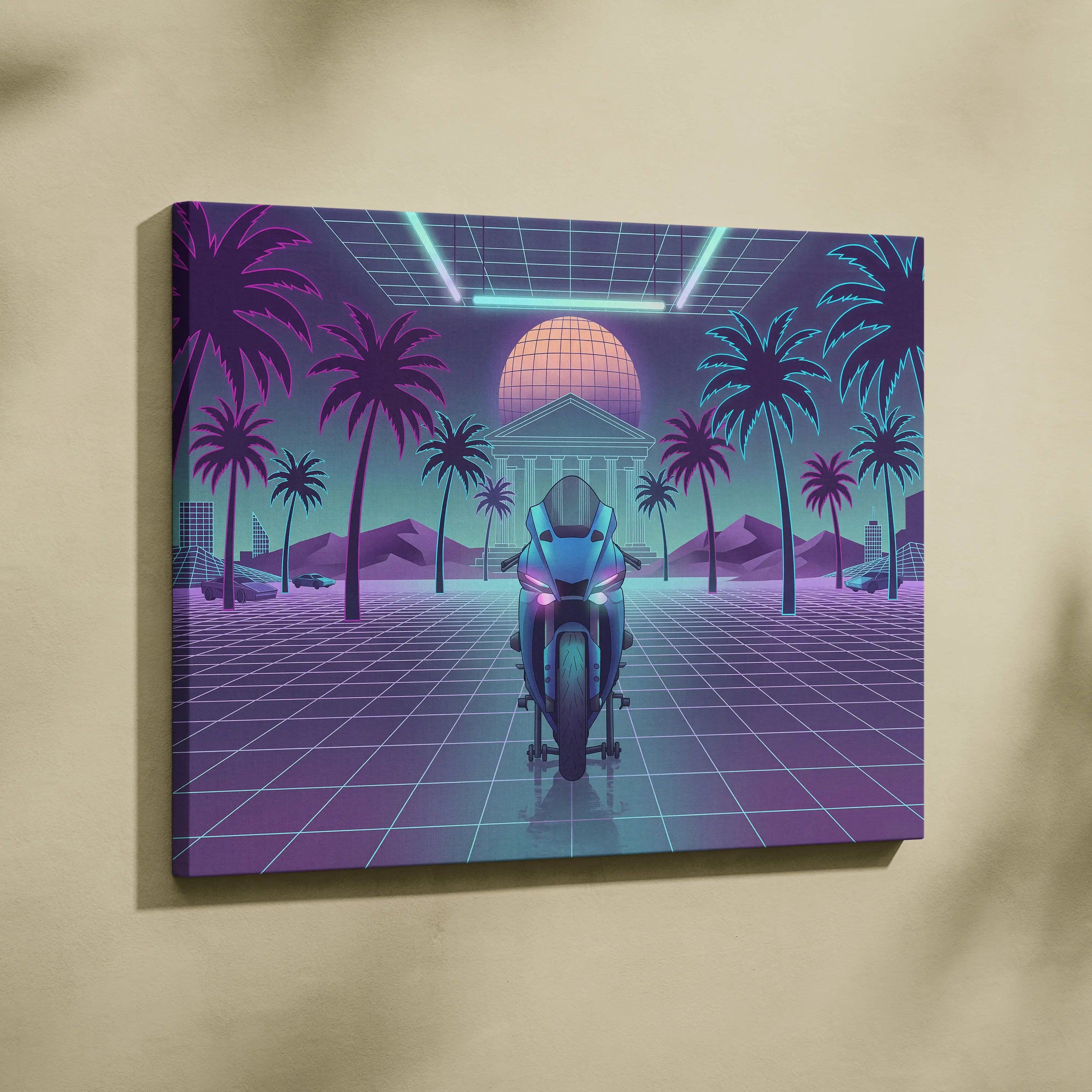 Yamaha R1 Inspired Teal Purple Motorcycle Canvas Wall Art Vaporwave Neon Sportbike Garage Decor Retro Futuristic Racing Artwork