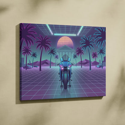 Yamaha R1 Inspired Teal Purple Motorcycle Canvas Wall Art Vaporwave Neon Sportbike Garage Decor Retro Futuristic Racing Artwork