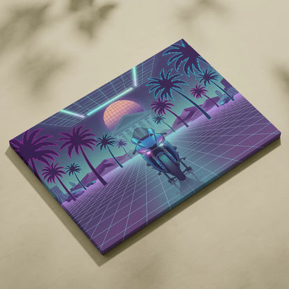 Yamaha R1 Inspired Teal Purple Motorcycle Canvas Wall Art Vaporwave Neon Sportbike Garage Decor Retro Futuristic Racing Artwork