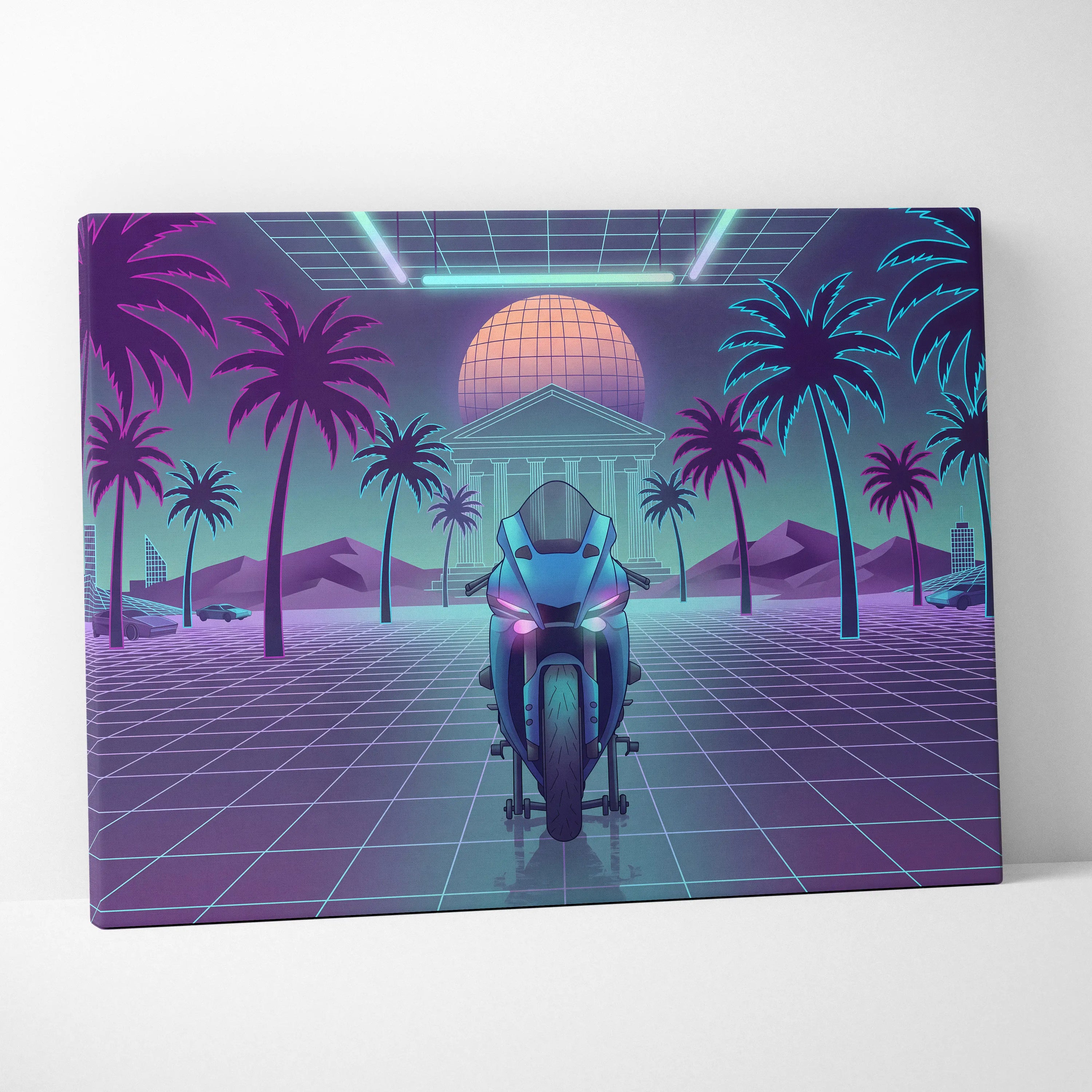 Yamaha R1 Inspired Teal Purple Motorcycle Canvas Wall Art Vaporwave Neon Sportbike Garage Decor Retro Futuristic Racing Artwork