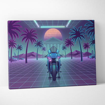 Yamaha R1 Inspired Teal Purple Motorcycle Canvas Wall Art Vaporwave Neon Sportbike Garage Decor Retro Futuristic Racing Artwork
