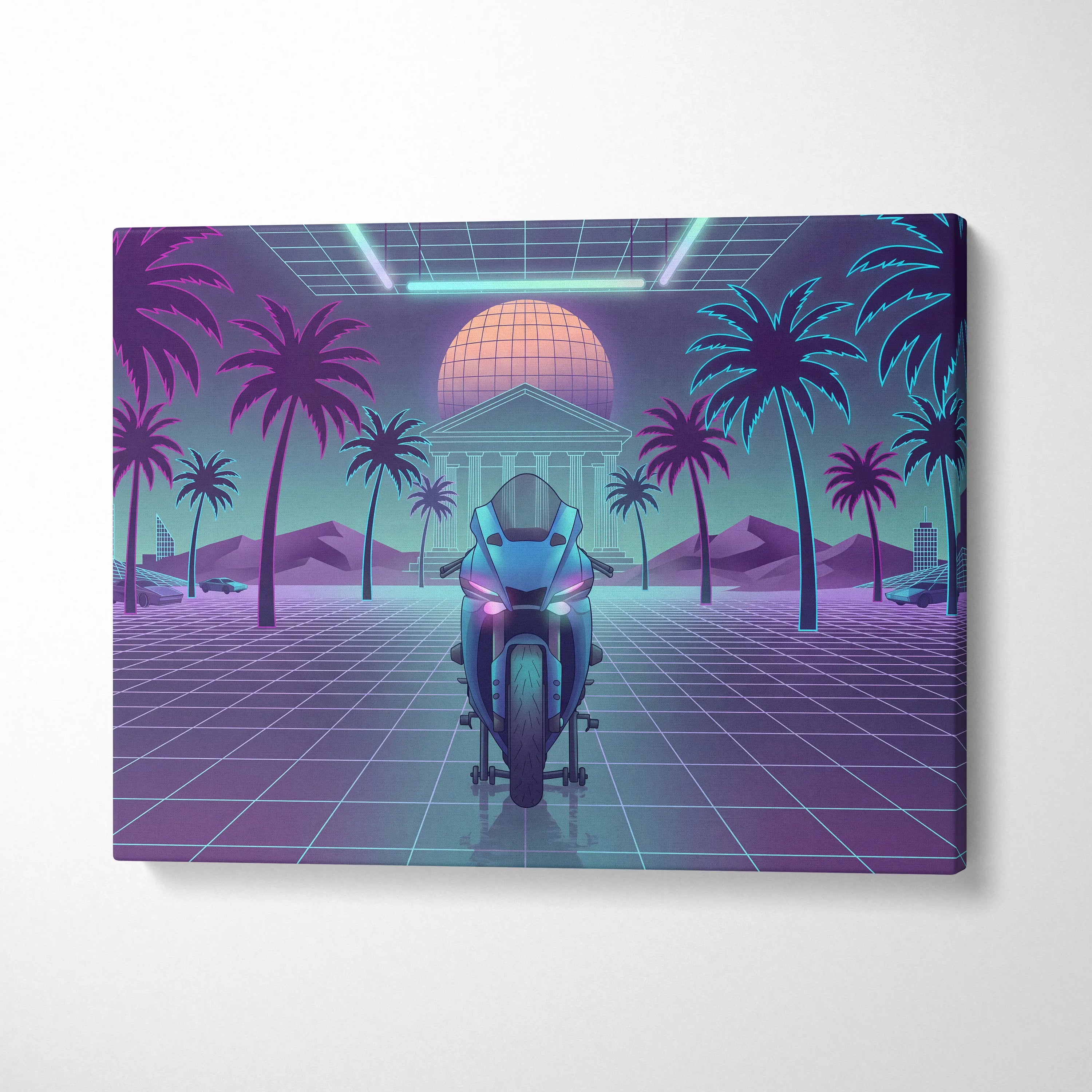 Yamaha R1 Inspired Teal Purple Motorcycle Canvas Wall Art Vaporwave Neon Sportbike Garage Decor Retro Futuristic Racing Artwork