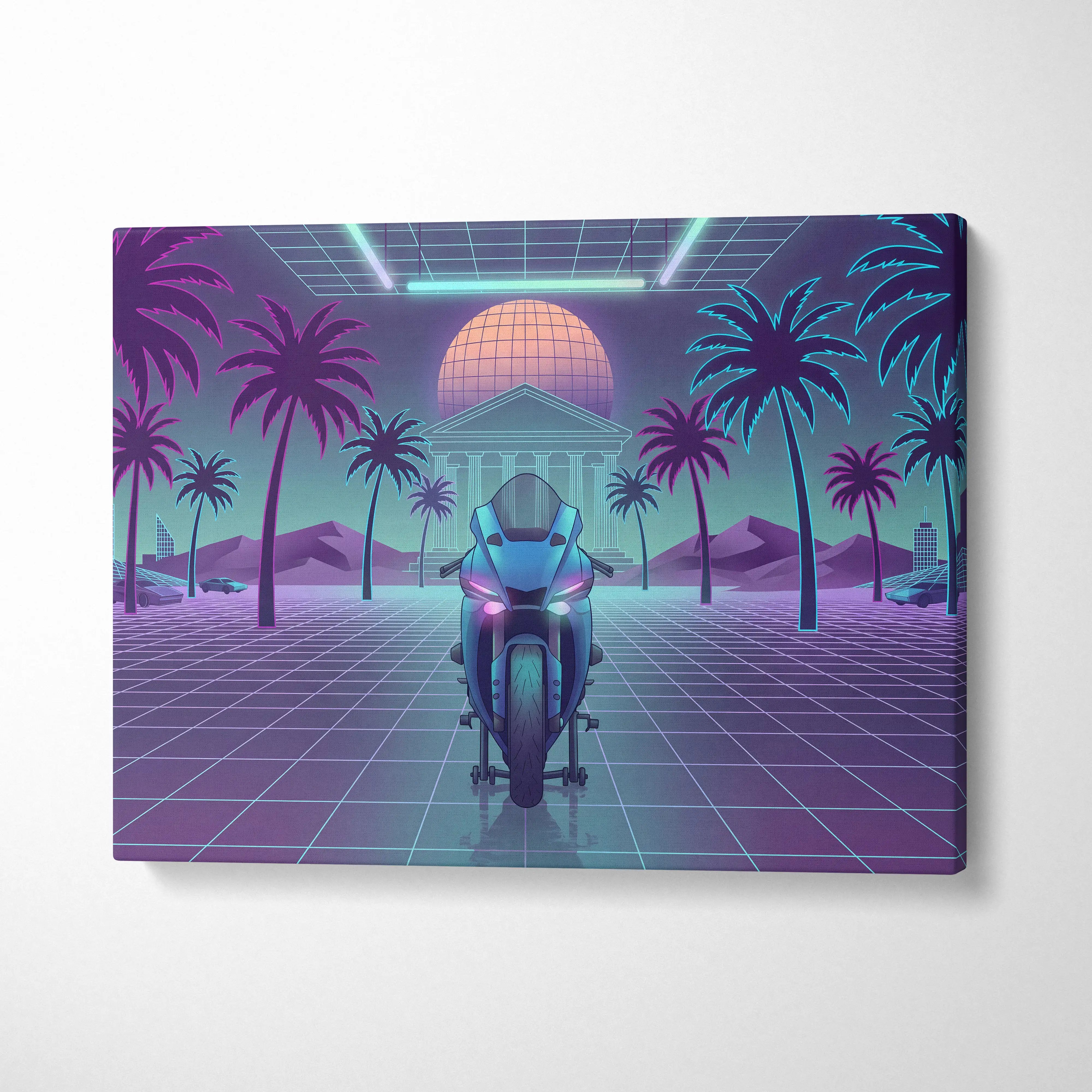 Yamaha R1 Inspired Teal Purple Motorcycle Canvas Wall Art Vaporwave Neon Sportbike Garage Decor Retro Futuristic Racing Artwork