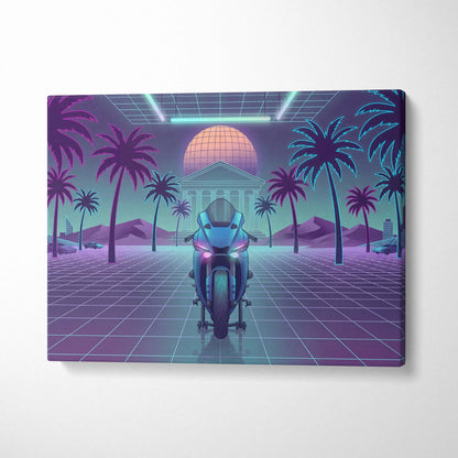 Yamaha R1 Inspired Teal Purple Motorcycle Canvas Wall Art Vaporwave Neon Sportbike Garage Decor Retro Futuristic Racing Artwork