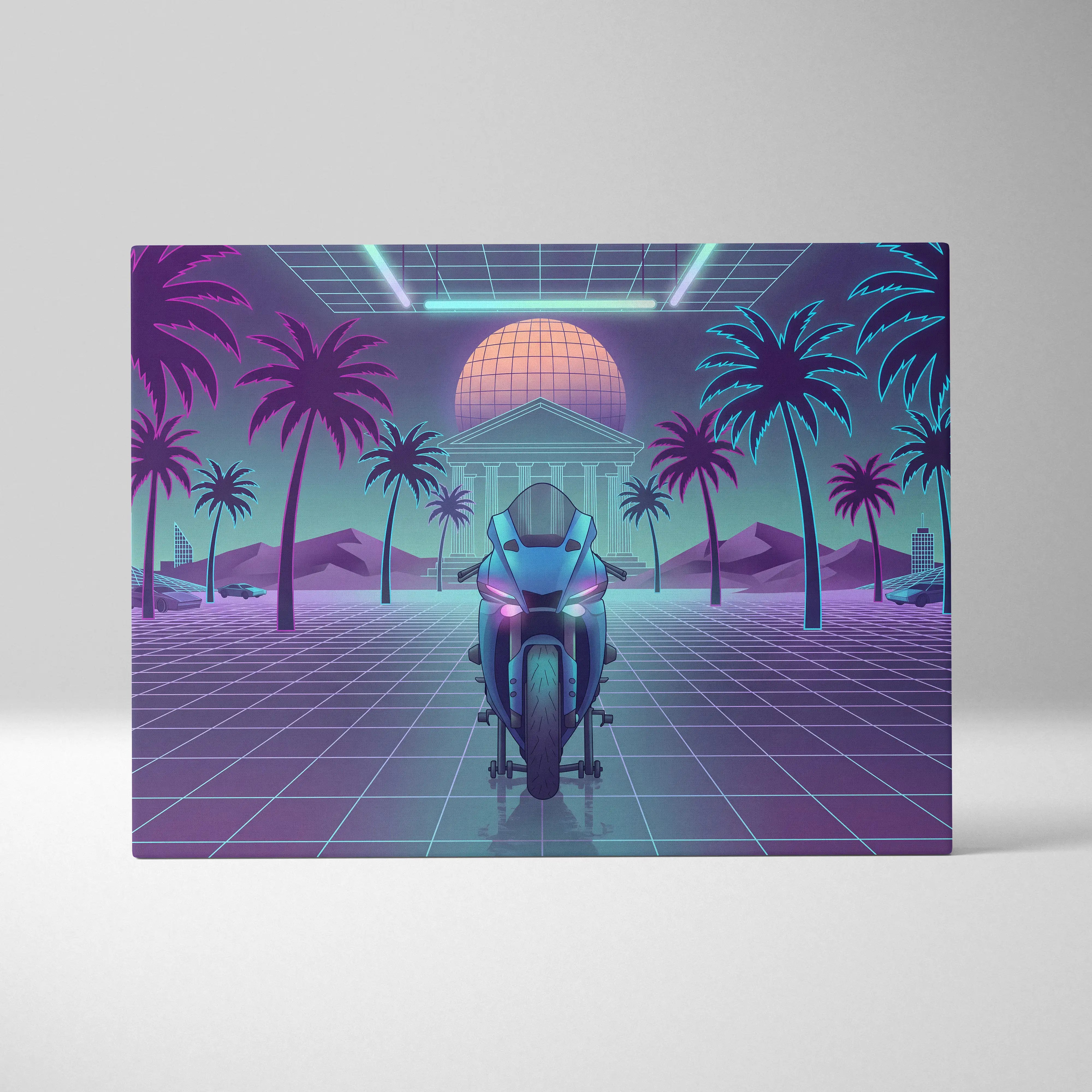 Yamaha R1 Inspired Teal Purple Motorcycle Canvas Wall Art Vaporwave Neon Sportbike Garage Decor Retro Futuristic Racing Artwork