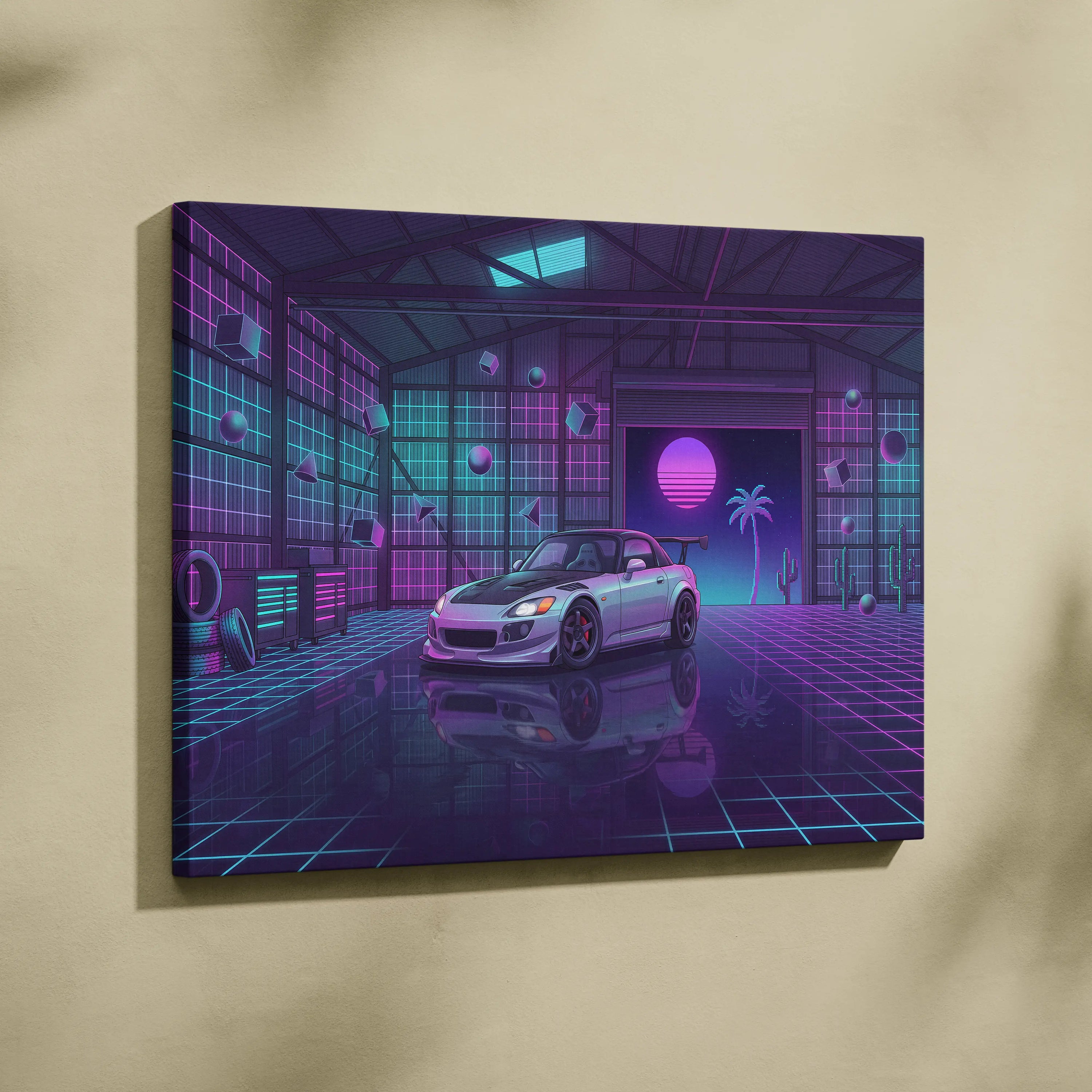 Honda S2000 Inspired Silver Purple Garage Canvas Wall Art Vaporwave JDM Car Artwork, Neon Grid Cyberpunk Decor Retro Futuristic Print