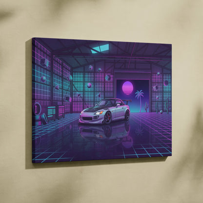 Honda S2000 Inspired Silver Purple Garage Canvas Wall Art Vaporwave JDM Car Artwork, Neon Grid Cyberpunk Decor Retro Futuristic Print