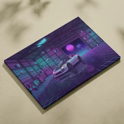 Honda S2000 Inspired Silver Purple Garage Canvas Wall Art Vaporwave JDM Car Artwork, Neon Grid Cyberpunk Decor Retro Futuristic Print