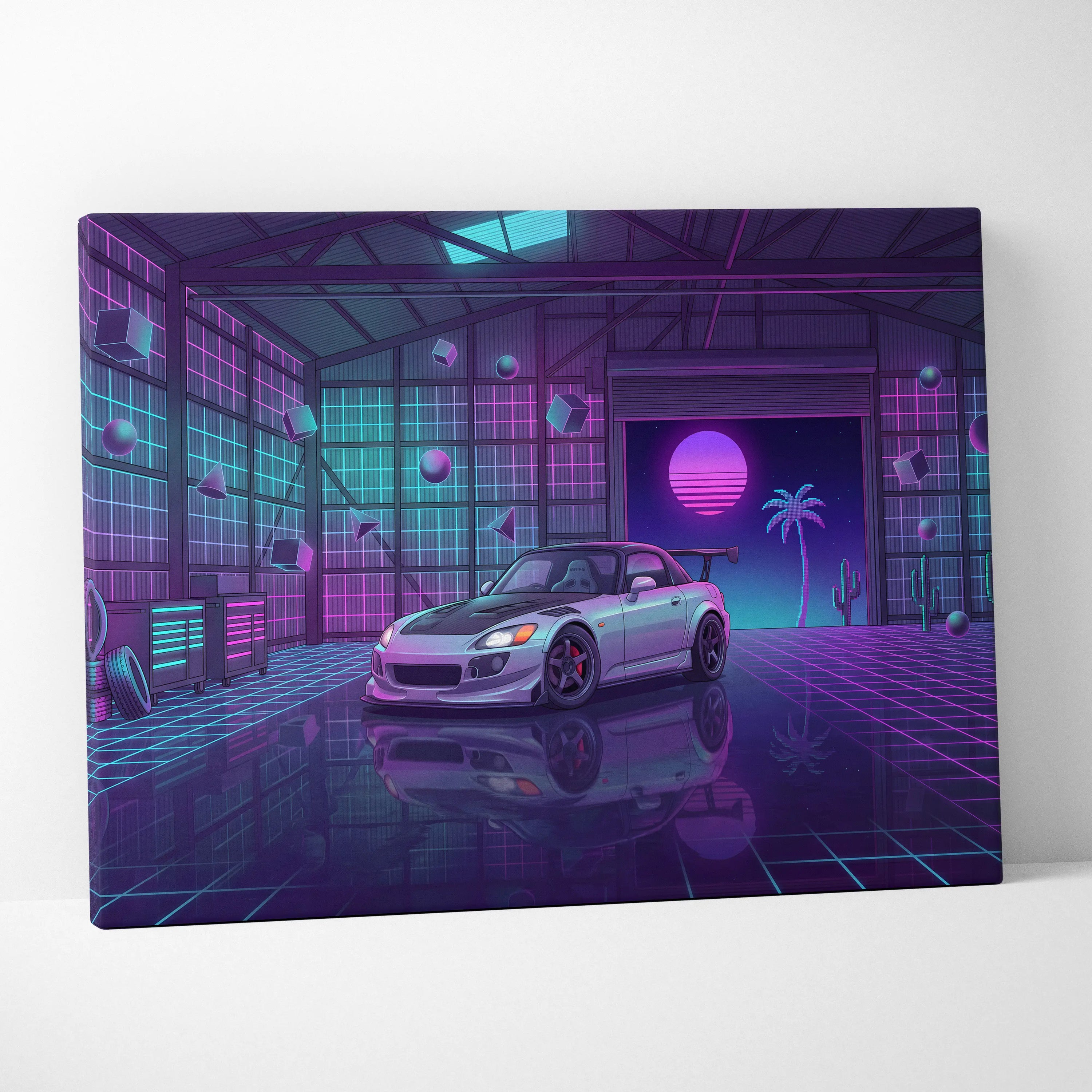 Honda S2000 Inspired Silver Purple Garage Canvas Wall Art Vaporwave JDM Car Artwork, Neon Grid Cyberpunk Decor Retro Futuristic Print