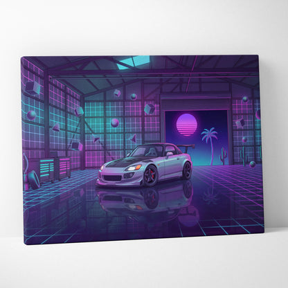 Honda S2000 Inspired Silver Purple Garage Canvas Wall Art Vaporwave JDM Car Artwork, Neon Grid Cyberpunk Decor Retro Futuristic Print