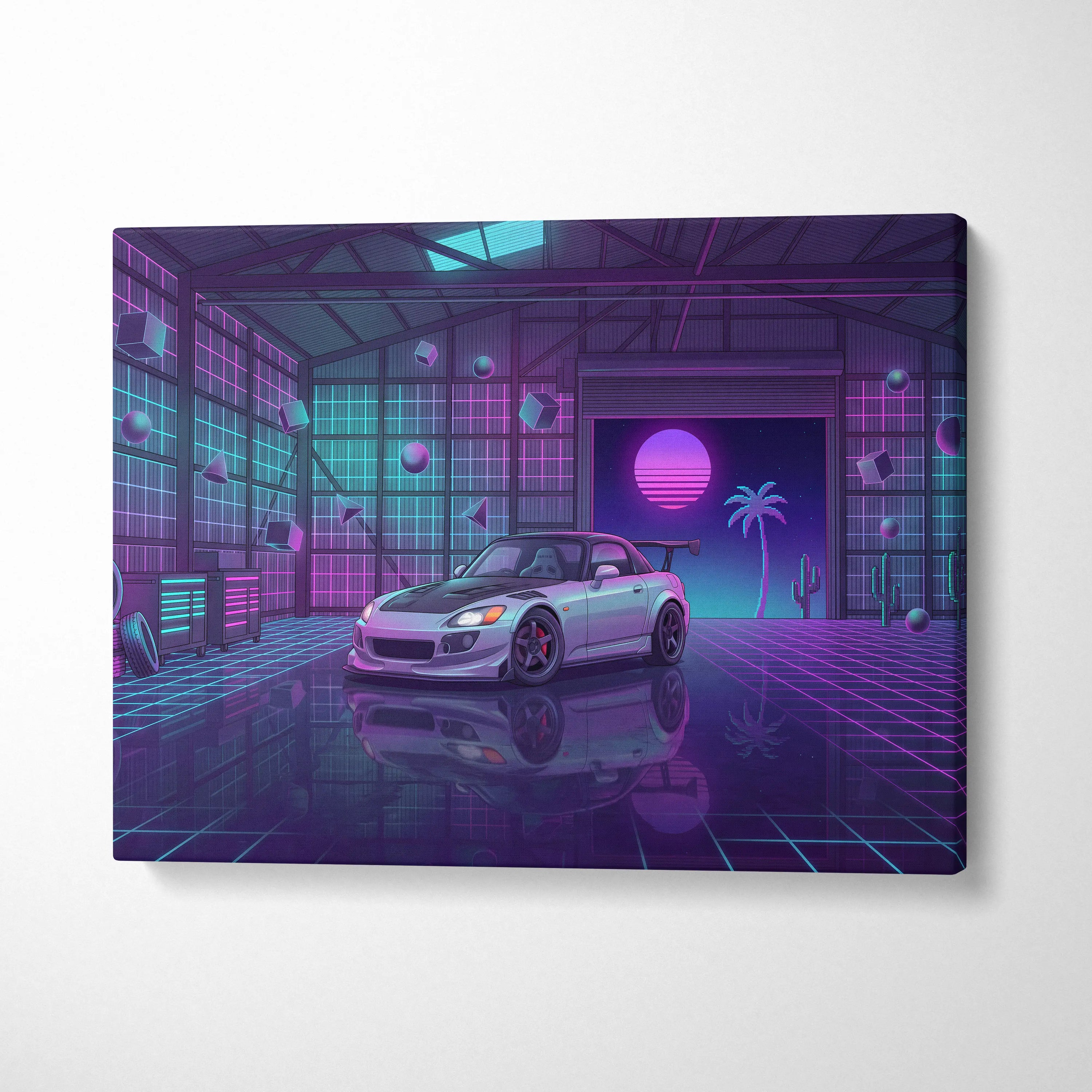 Honda S2000 Inspired Silver Purple Garage Canvas Wall Art Vaporwave JDM Car Artwork, Neon Grid Cyberpunk Decor Retro Futuristic Print