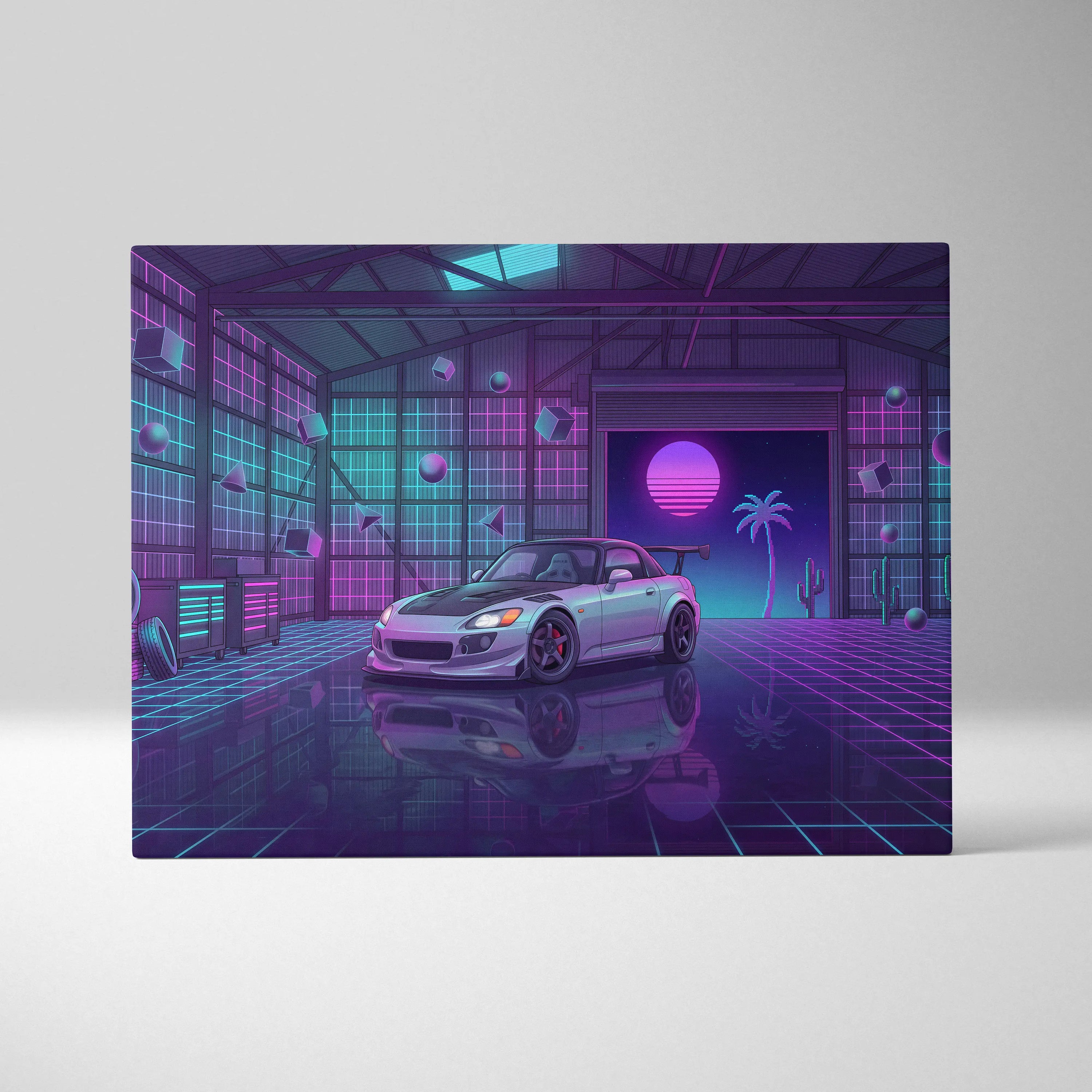 Honda S2000 Inspired Silver Purple Garage Canvas Wall Art Vaporwave JDM Car Artwork, Neon Grid Cyberpunk Decor Retro Futuristic Print