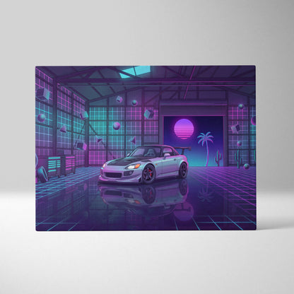 Honda S2000 Inspired Silver Purple Garage Canvas Wall Art Vaporwave JDM Car Artwork, Neon Grid Cyberpunk Decor Retro Futuristic Print