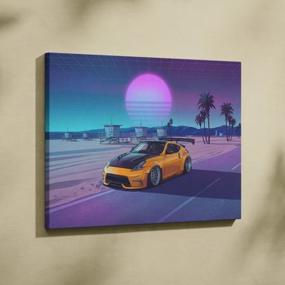 Nissan 370Z Inspired Yellow Purple Beach Canvas Wall Art Vaporwave JDM Car Artwork, Neon Sunset Coastal Garage Decor Retro Futuristic Print