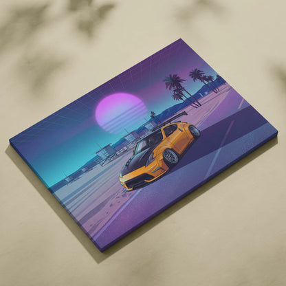 Nissan 370Z Inspired Yellow Purple Beach Canvas Wall Art Vaporwave JDM Car Artwork, Neon Sunset Coastal Garage Decor Retro Futuristic Print