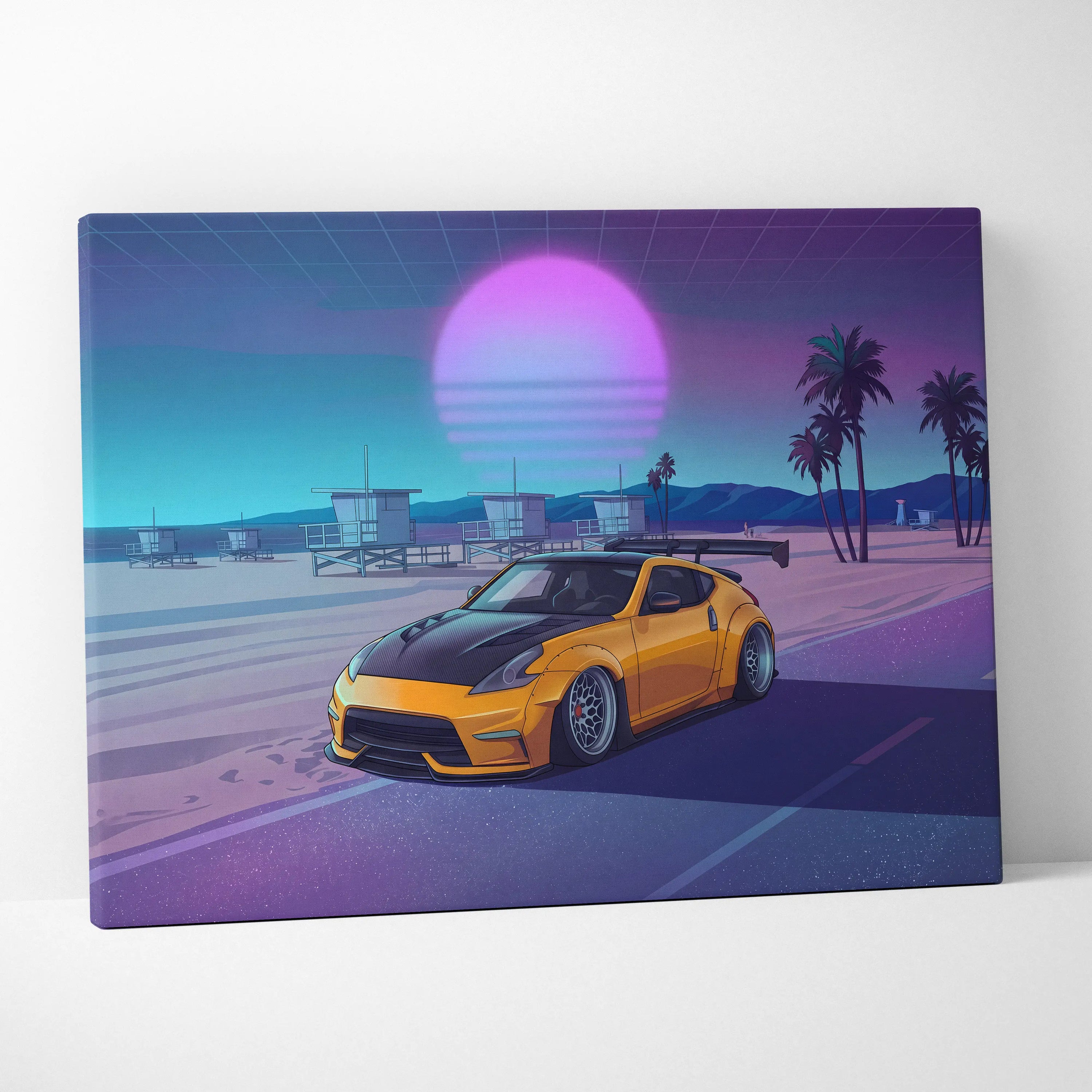 Nissan 370Z Inspired Yellow Purple Beach Canvas Wall Art Vaporwave JDM Car Artwork, Neon Sunset Coastal Garage Decor Retro Futuristic Print