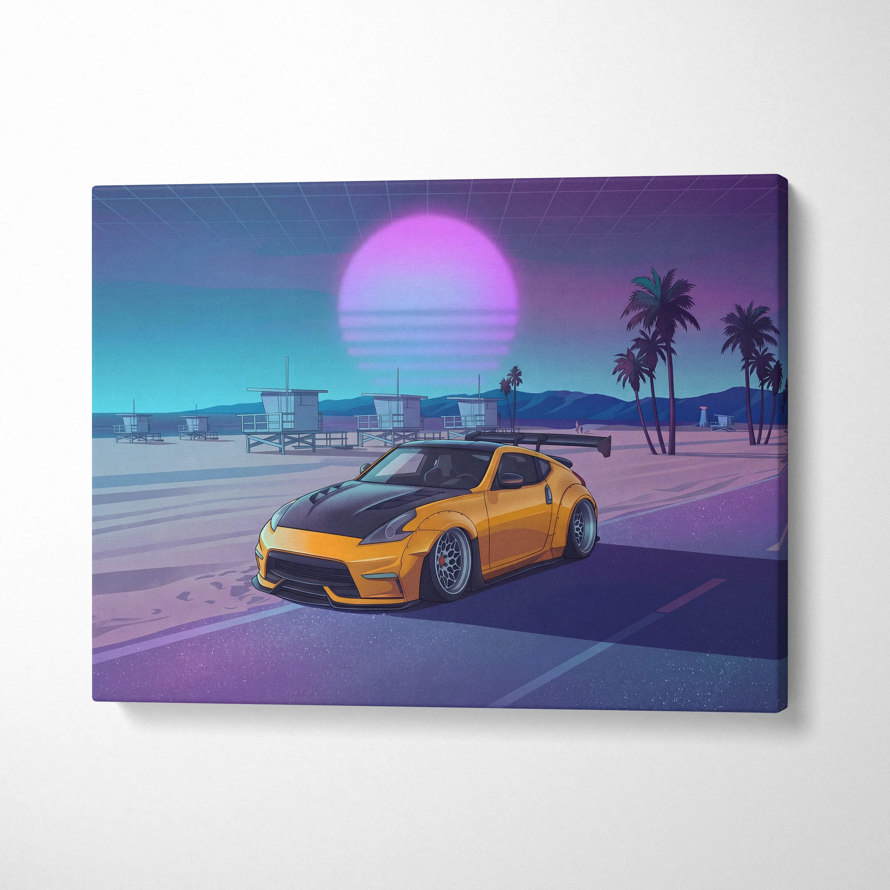 Nissan 370Z Inspired Yellow Purple Beach Canvas Wall Art Vaporwave JDM Car Artwork, Neon Sunset Coastal Garage Decor Retro Futuristic Print